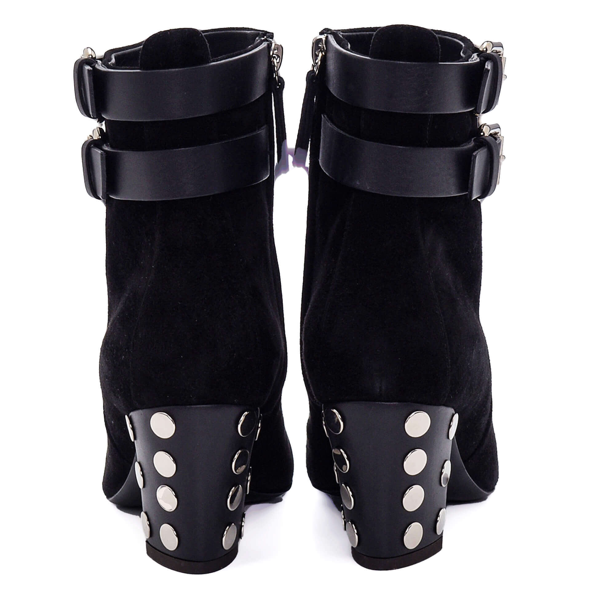 Giuseppe Zanotti - Black Suede Double Buckle Studded Heel Ankle Boots